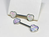 14G White Opal Hearts Nipple Barbells. Nipple Piercings. Nipple Rings. Nipple Jewelry.